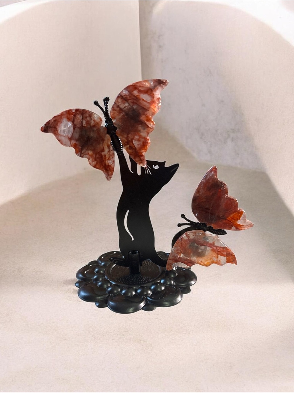 Decorative Black Cat Sculpture with Fire Quartz Butterflies